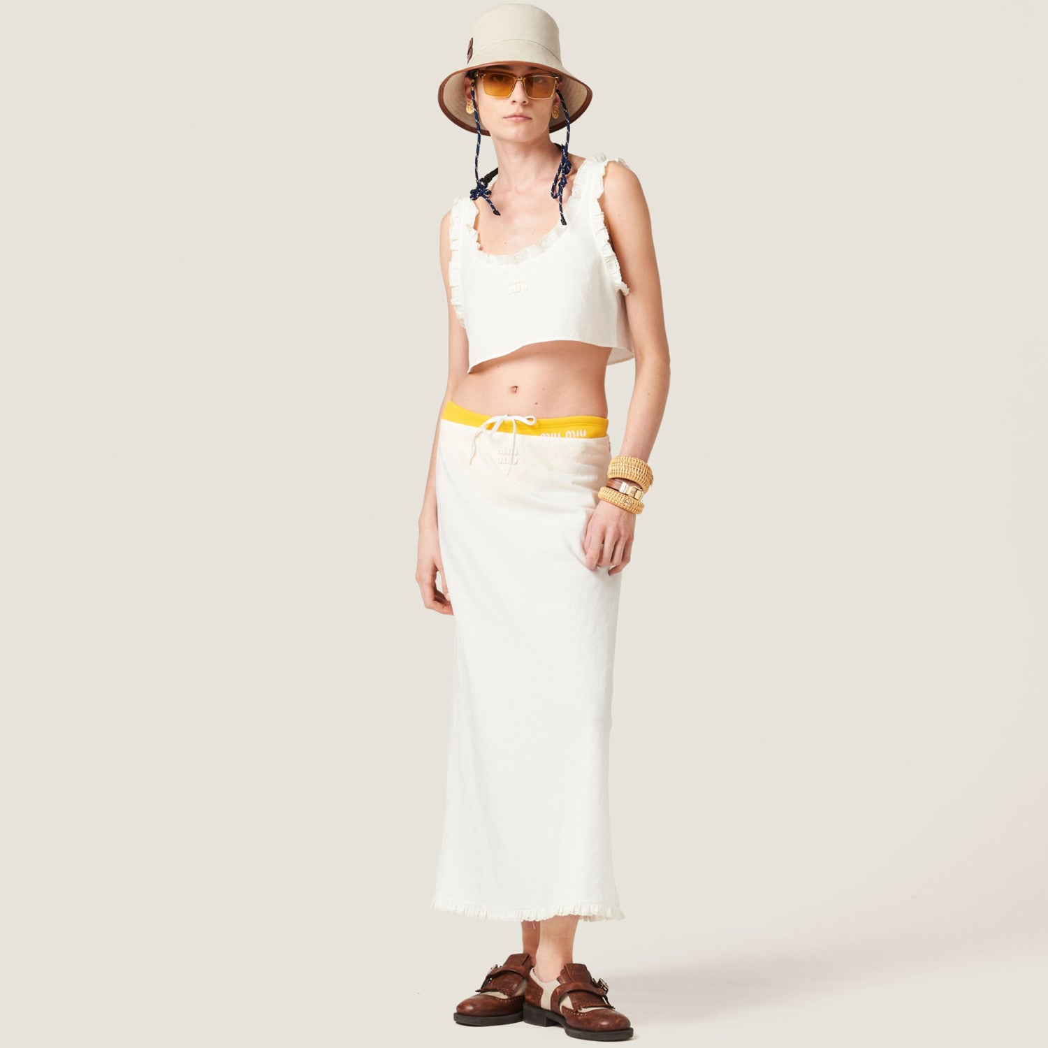 Women's Summer White Round Neck Short Sleeveless Vest Embroidered Logo Casual Long Dresses Skirt Set Suit #72317