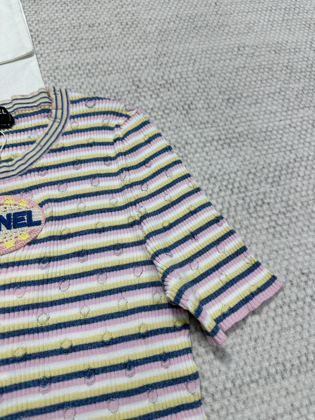 Women's Spring/Summer Letter Printed Striped Round Neck Short Sleeve Knit Sweater T-Shirt #75782