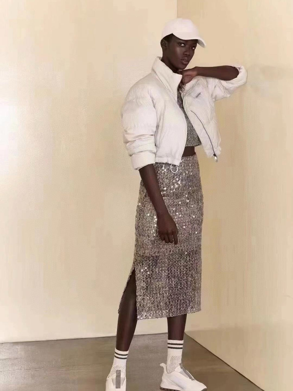 Women's Spring Summer Autumn Silver Sequins Mid-Length High Waist Fit Casual Half Skirt Ngvp #8952