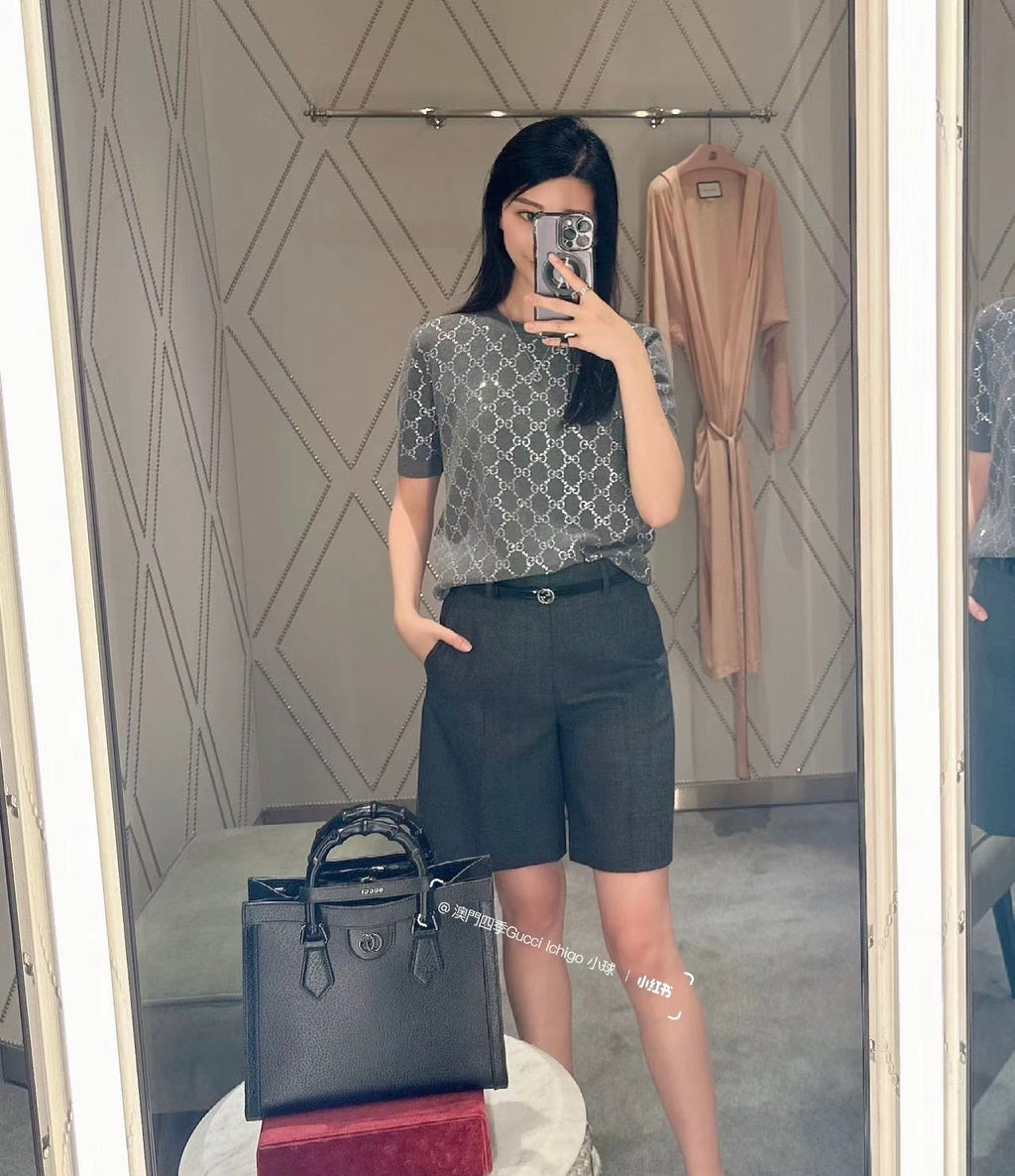 Women's Summer Gray Letter Logo Rhinestone Decoration Slim Short Sleeve Knit T-Shirt #72992