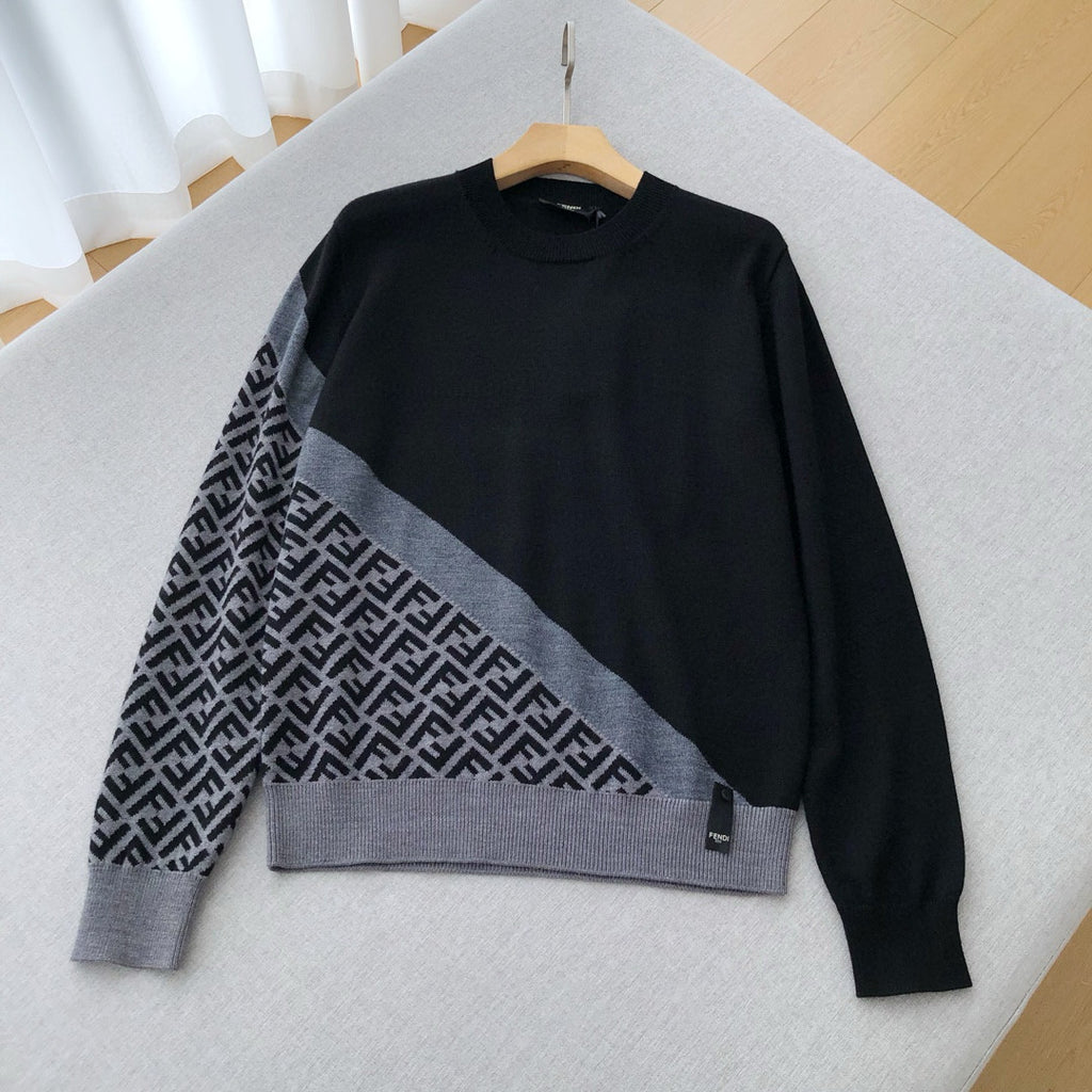 Men's Spring Autumn FF Classic Twill Jacquard Patchwork Crew Neck Knit Pullover Sweater #97843