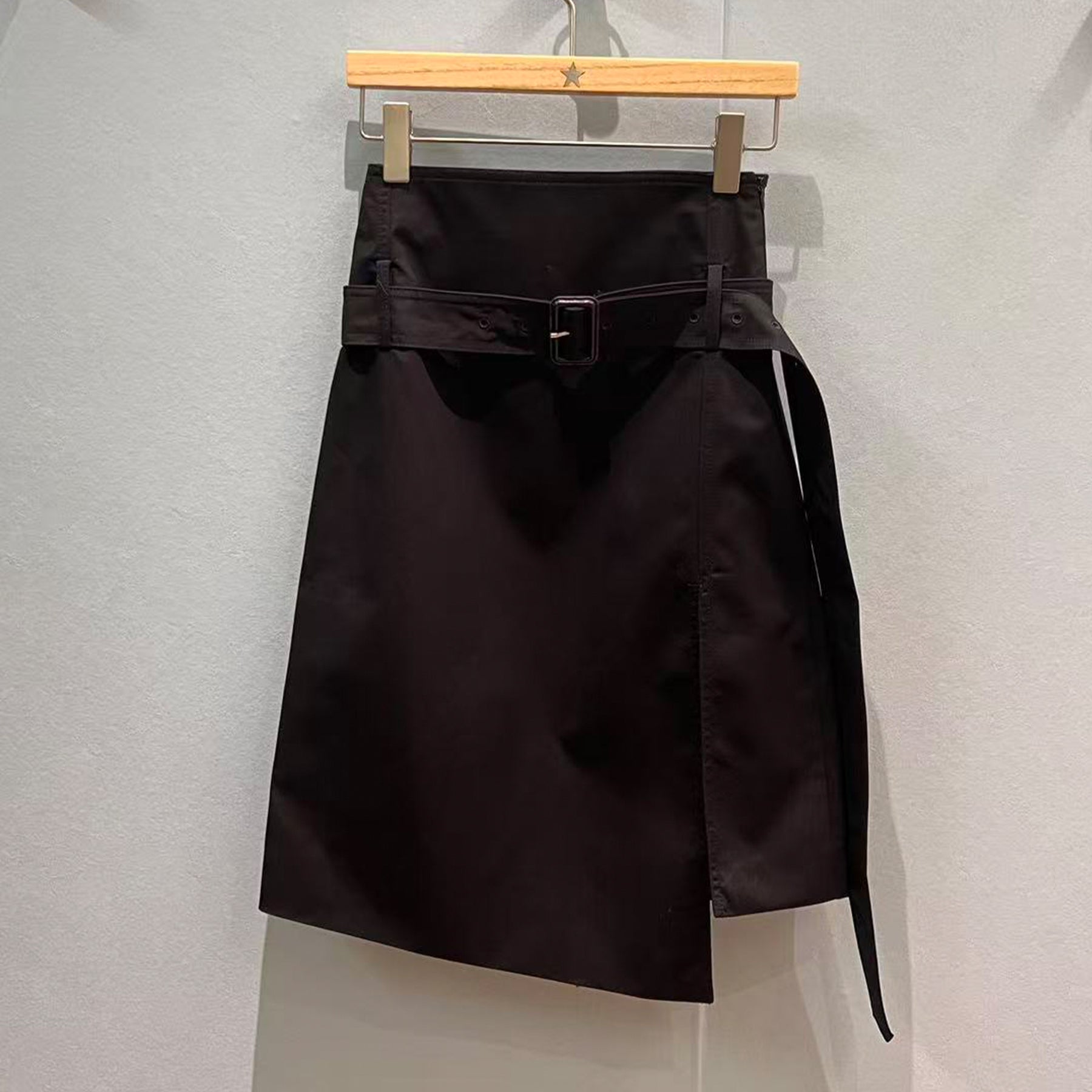 Belted Twill Skirt Women's Spring/summer Cotton Belted Asymmetrical Split Skirt Solid Color Fashionable Slim-fit Short Skirt #82112A