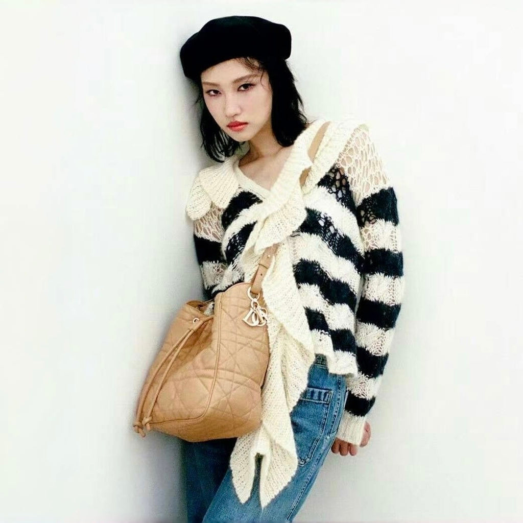 Women's Detachable Collar Mohair Striped Spring/Fall Long-Sleeve Knit Sweater Marini¨¨re Cardigan Ngvp #2373