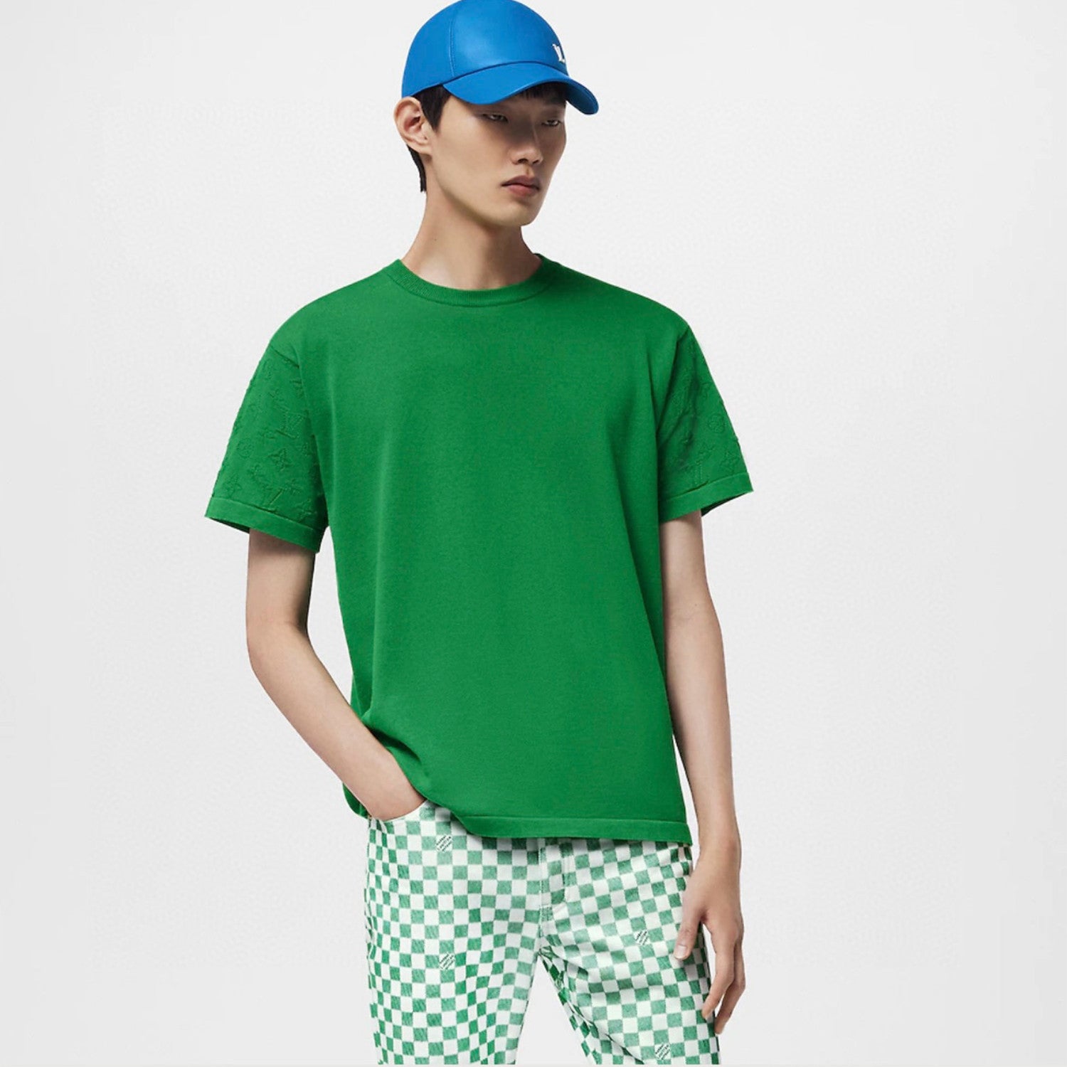 Men's Spring And Summer Jacquard Knit Round Neck Short Sleeve Solid Color Senior Casual Loose Cotton T-shirt #98721