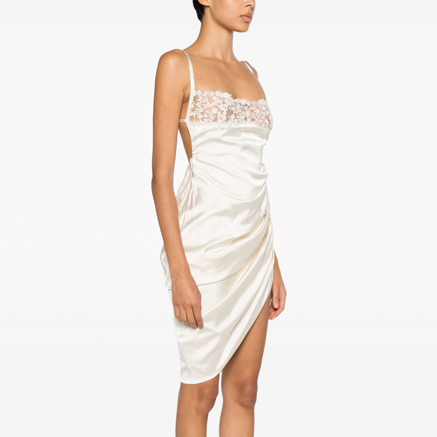 Jacquemus Women's Summer Solid Color Asymmetric Hollow Out Lace Splicing Short Sleeveless Halter Pleated Dresses Ngvp #9182