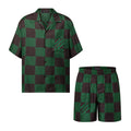 Men's Summer Green Checkerboard Logo Pattern Single Breasted Loose Short Sleeved Shirt High Waisted Elastic Leisure Shorts Pants Sei Suit #98616