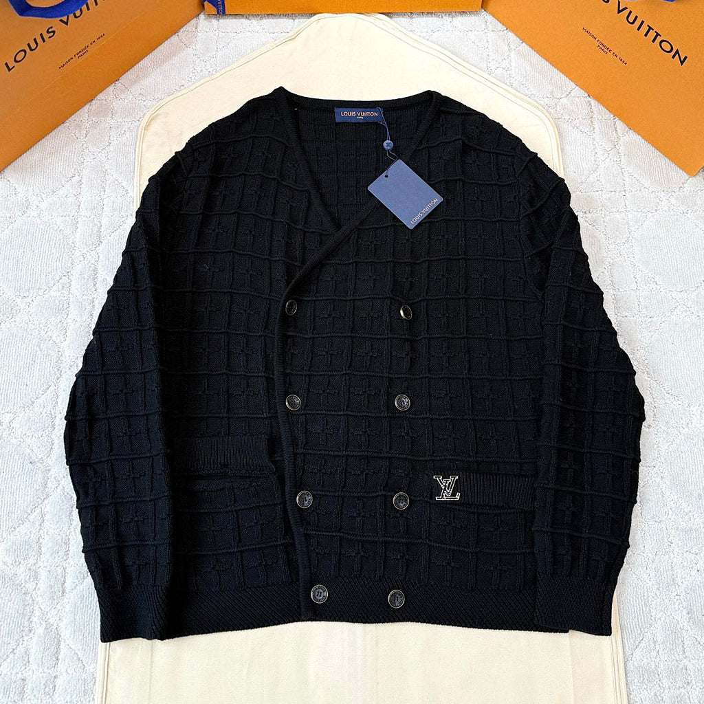 Men's And Women's Spring/Autumn Solid Color Fashionable Casual Checkered Metal Badge Jacquard Double-breasted Knitted Cardigan Jacket #78146