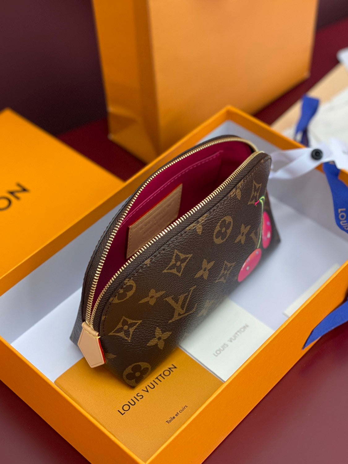 LV X TM Women's Brown Letter Print Cherry Pattern Leather Small Makeup Bag Bags #77595