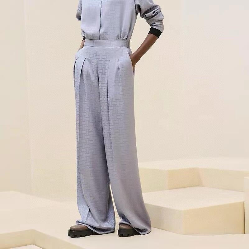 Women's Mosaique Jacquard Silk Lapel Spring. Summer And Autumn Long-Sleeved Solid Color Shirt Solid Color Casual Pants Ngvp #9631