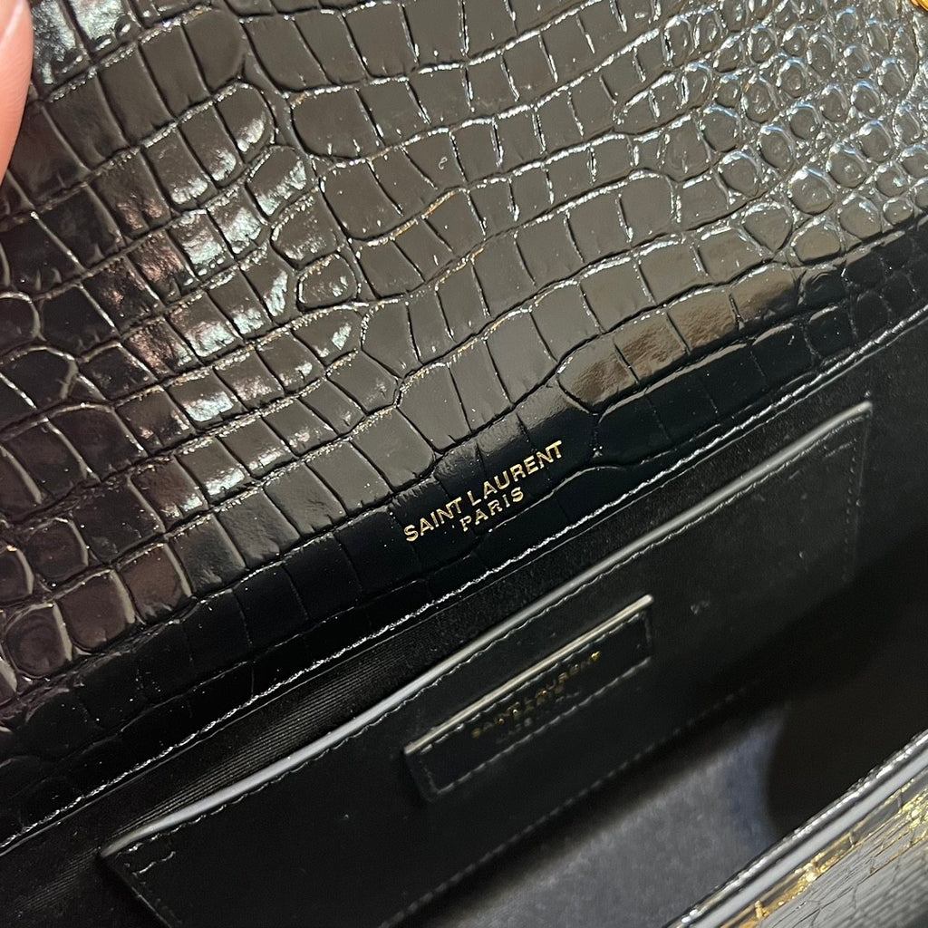 YS Women Black Gold Label Logo Chain Crocodile Embossed Glossy Cowhide Crossbody Shoulder Bag Bags #74268