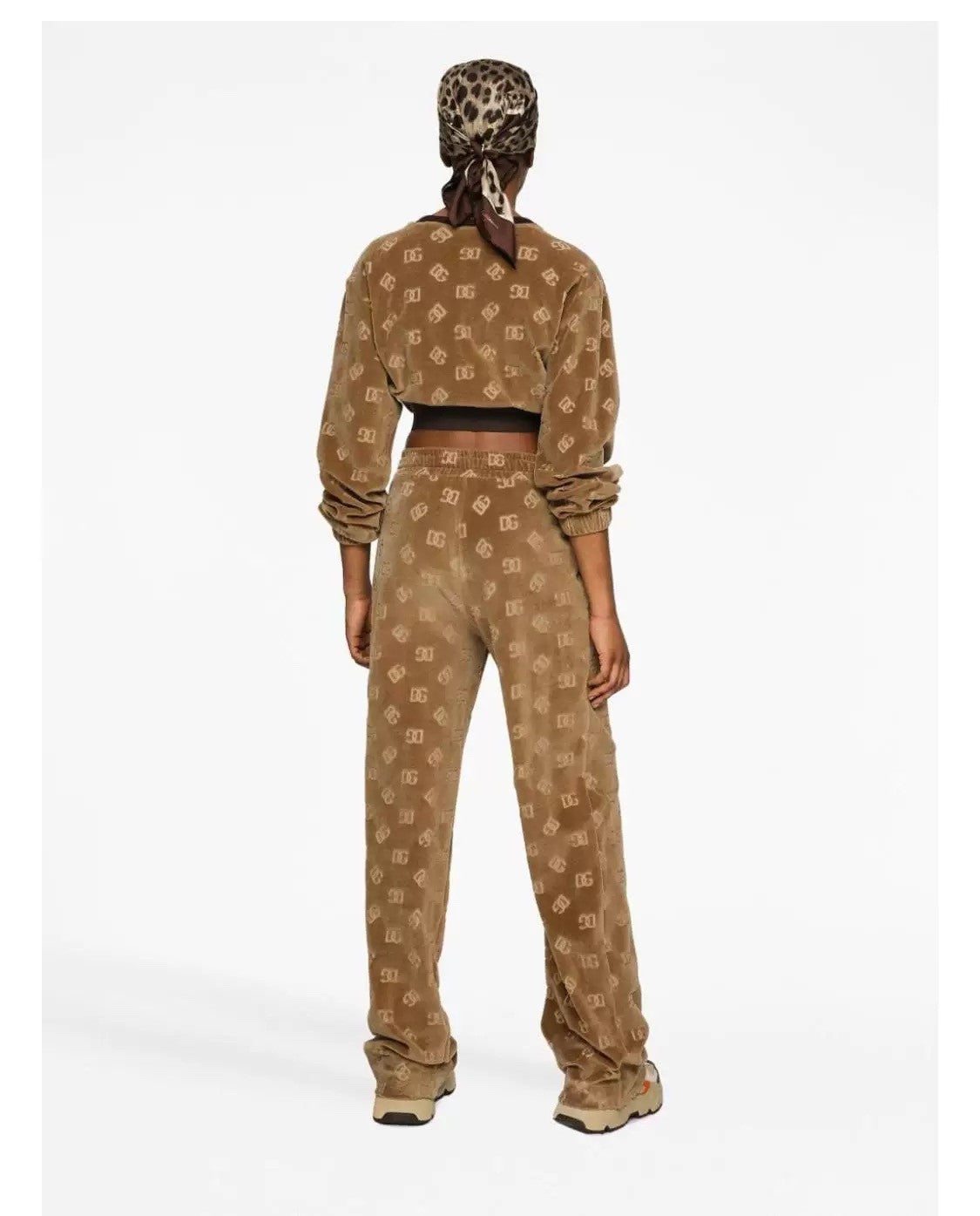 Women's Spring and Autumn Brown Letter Printed Velvet Fabric Knitted Sweater Lace-Up Leisure Pants Set Suit #72662