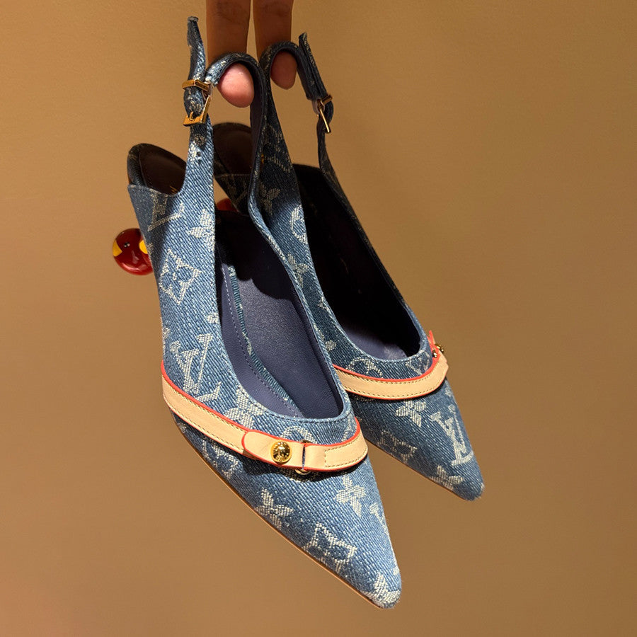 Women's Pointed Denim Print Metal Buckle Fine Heel Cherry Heel Retro Solid Color High Heels Casual Slippers Shoes #77858