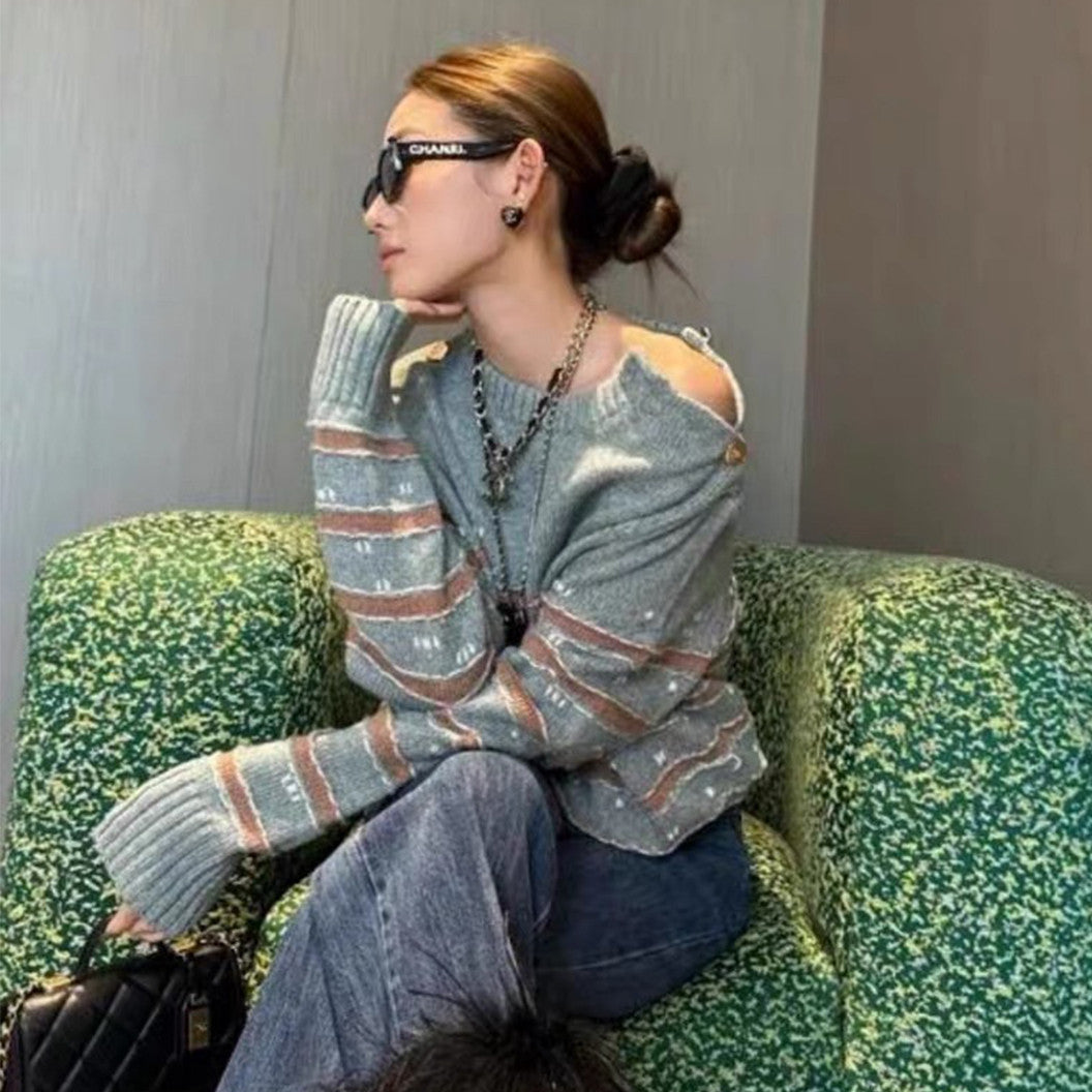 Women's Spring And Autumn Striped Fashion Long Sleeve Solid Color Round Neck Sweater #71745