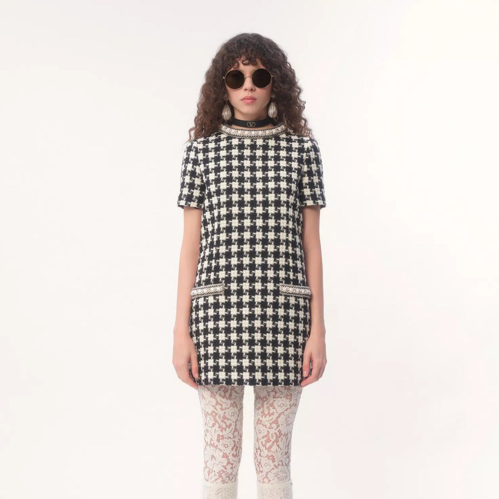 Women's Summer Embroidered Damir Light Tweed Rhinestone Round Neck Check Fitted Short Dresses Ngvp #9733