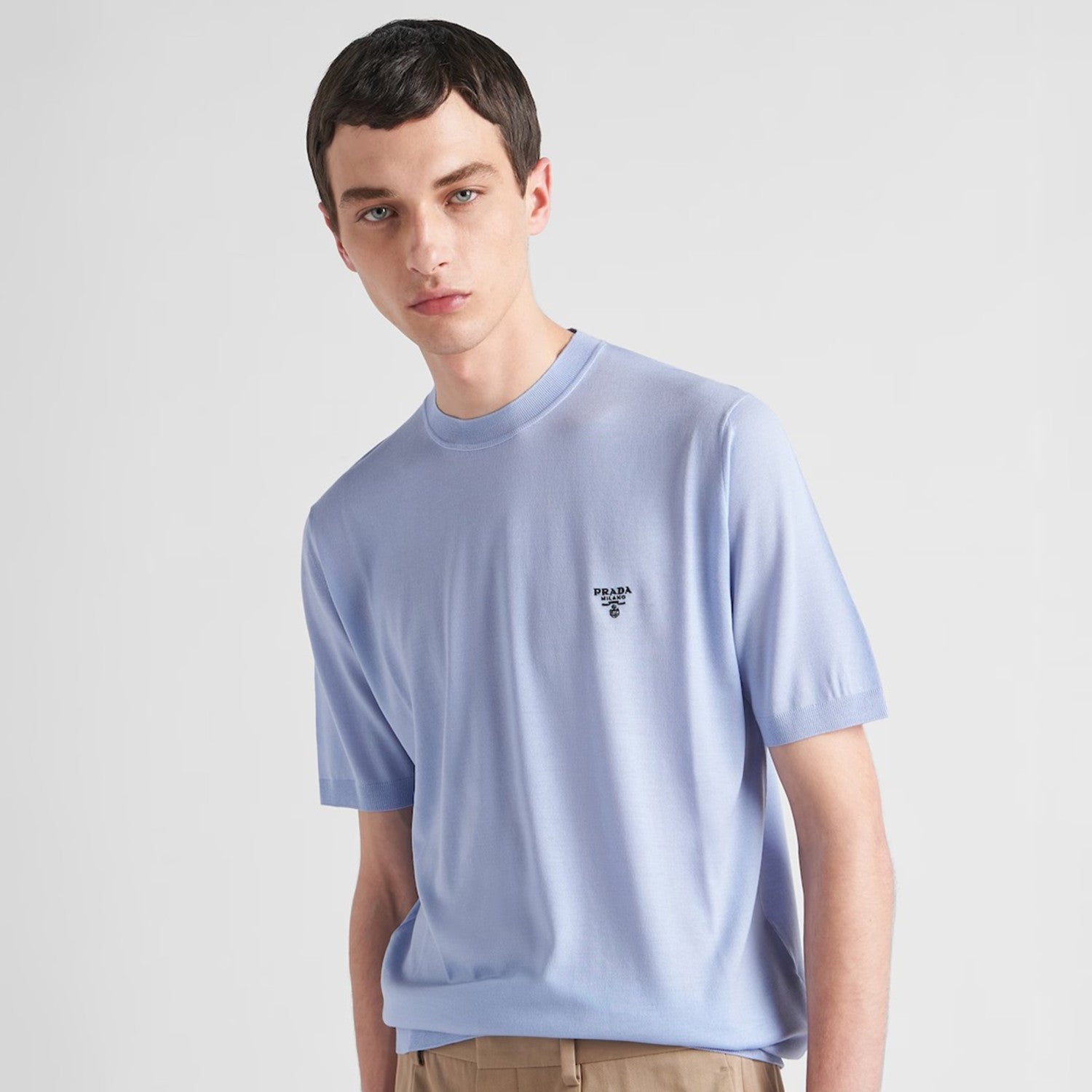 Men's Spring/Summer Solid Color Logo Embroidery Superfine Wool Crew Neck Short Sleeve Sweater #98319