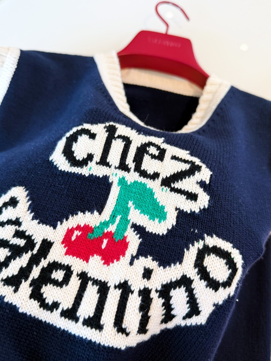 Women's Summer V-Neck College Style Cherry Embroidery Cotton Knit Sleeveless Solid Color Straight Tank Top Vest Ngvp #1959