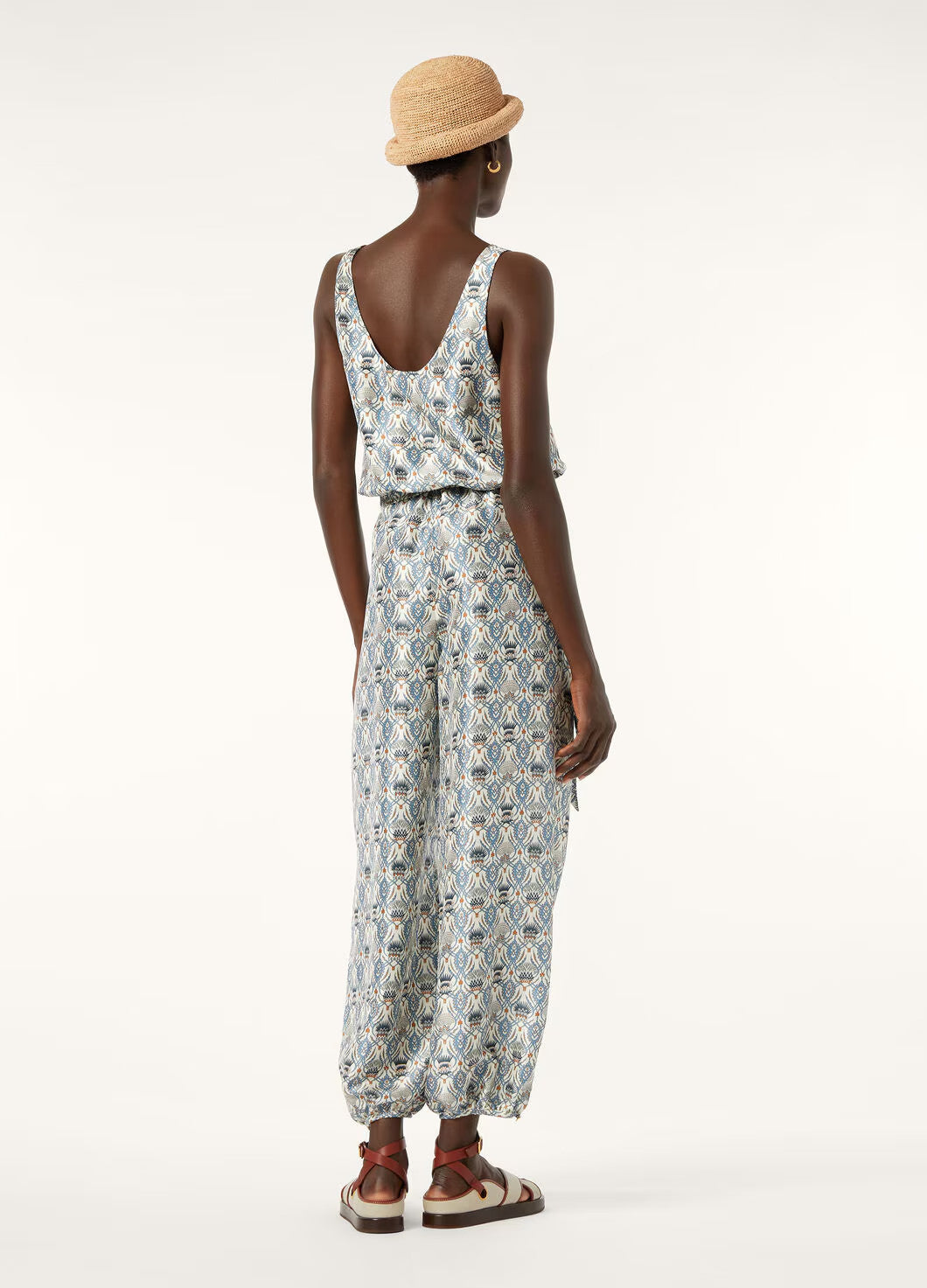 Women's Four Seasons Round Neck Sleeveless Printed Silk Elastic Waist Wide Leg Pants Nadia Jumpsuit Ngvp #1816