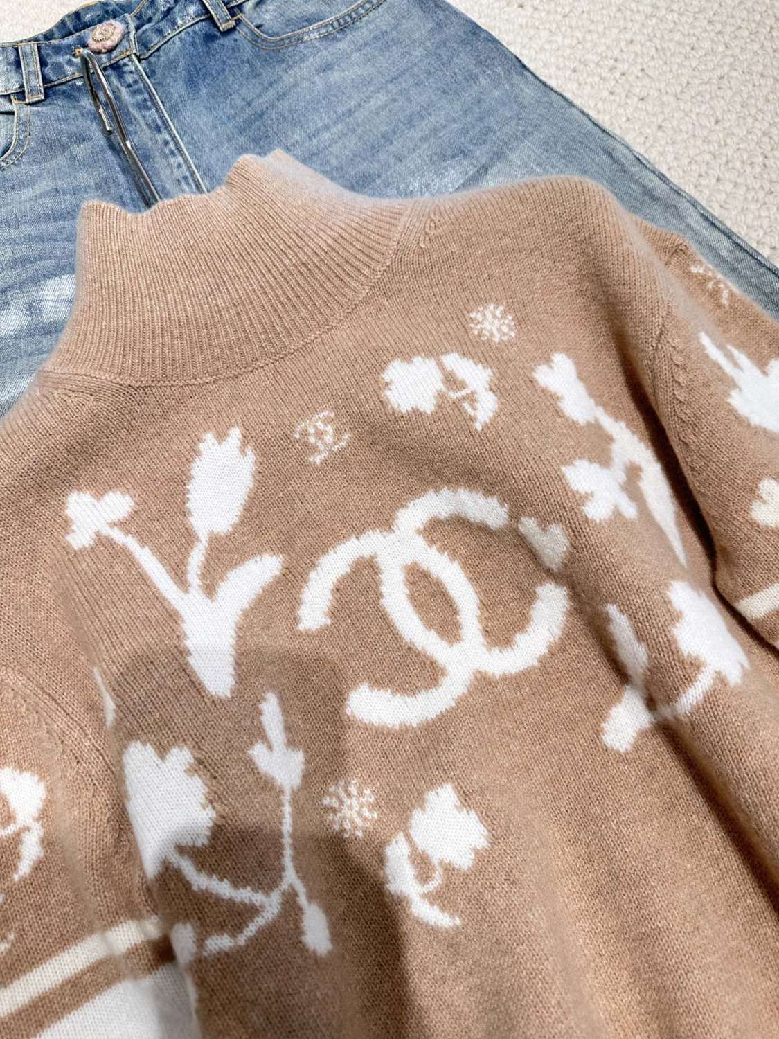 Women's Spring and Autumn Logo Printed High Neck Pullover Drop Shoulder Long Sleeve Cashmere Sweater #74367