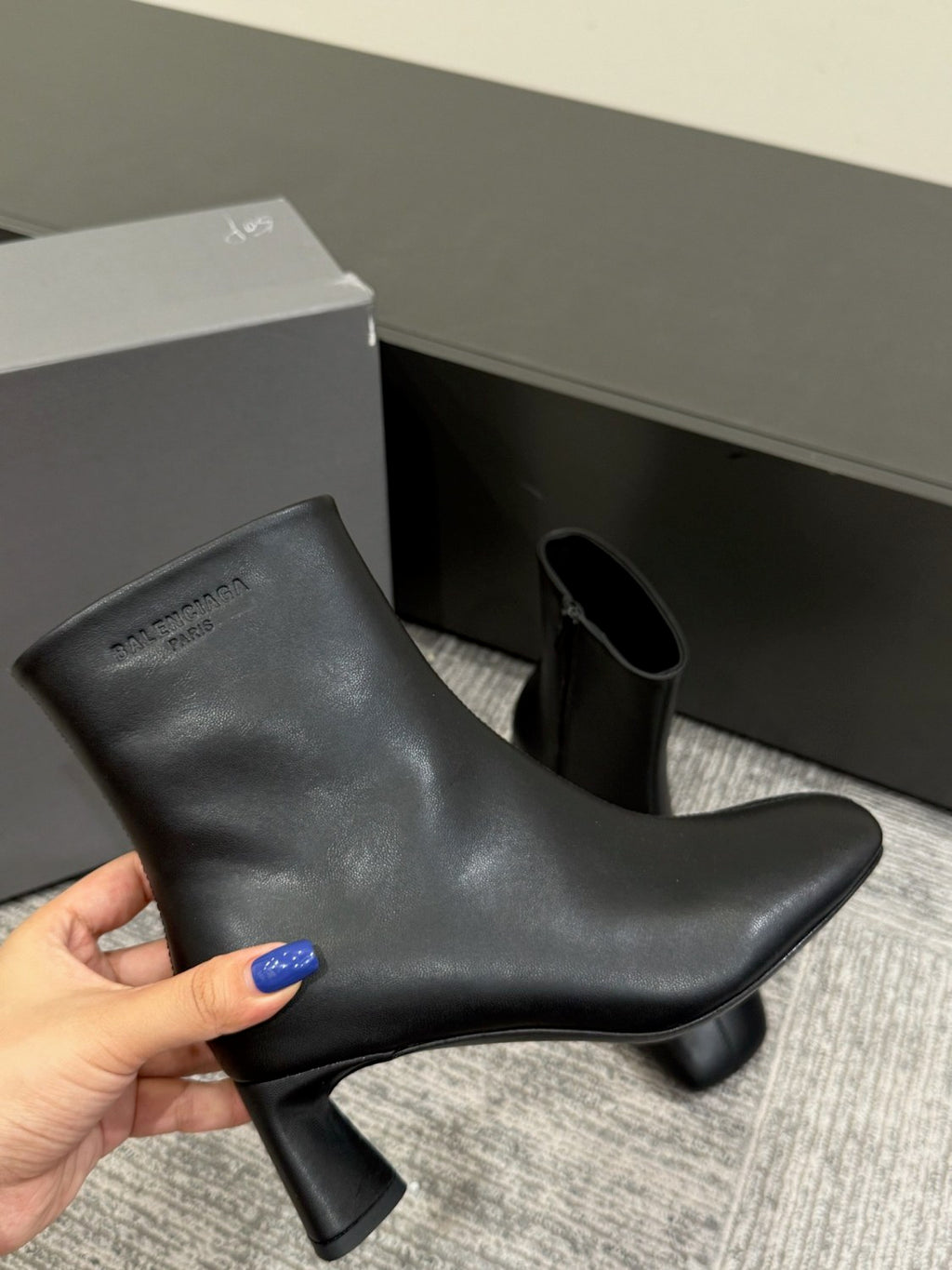 B DUTY FREE Women's Solid Color Letter Print Cowhide Square Toe Chunky Heel Short Boots Shoes #77869