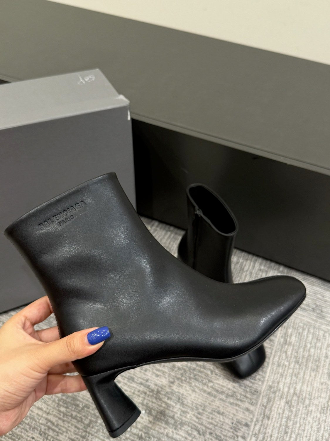 B DUTY FREE Women's Solid Color Letter Print Cowhide Square Toe Chunky Heel Short Boots Shoes #77869