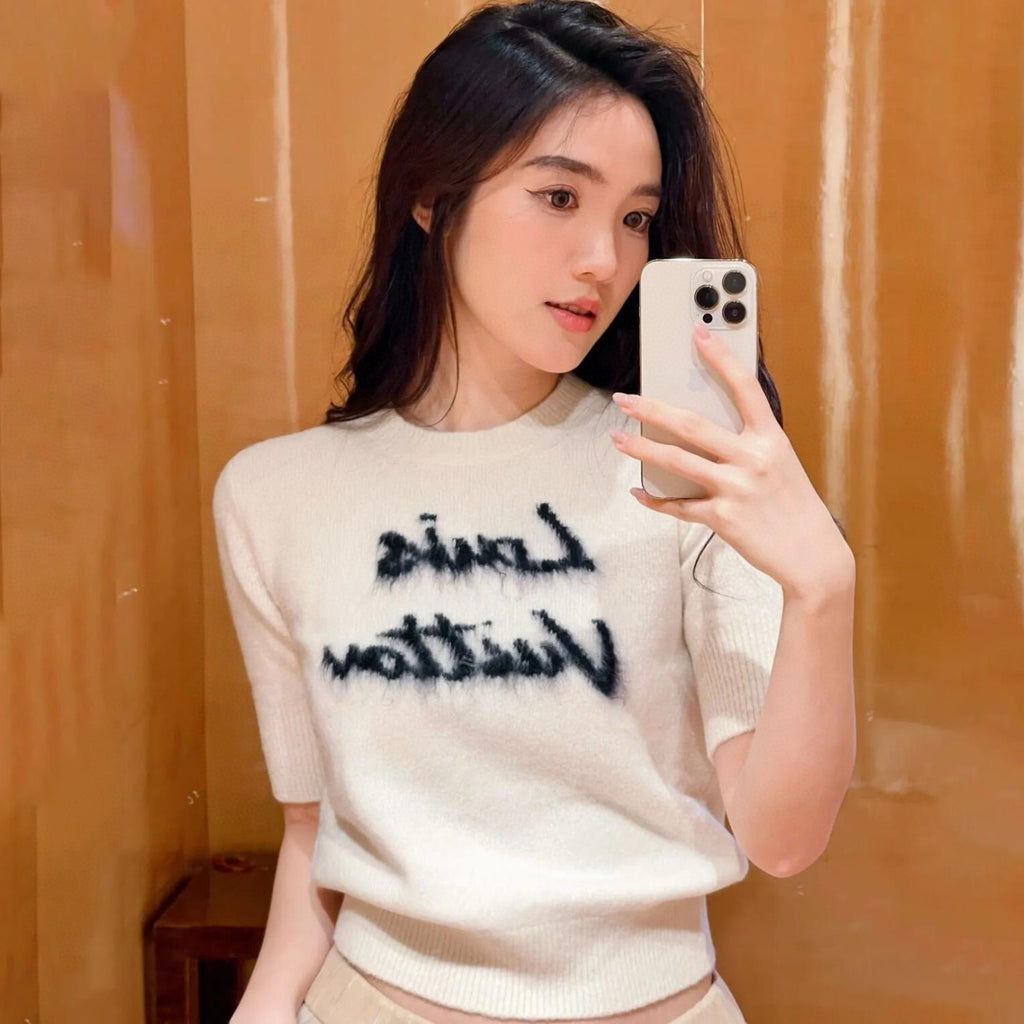 Women's Summer Round Neck Monogrammed Cashmere Short Sleeve T-shirt #73934