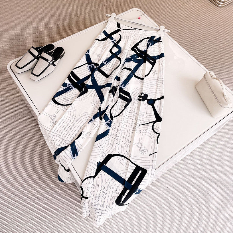 Women's Pattern Full Print Silk Mid-Rise Straight Leg Solid Color Casual Pants Ngvp #9635