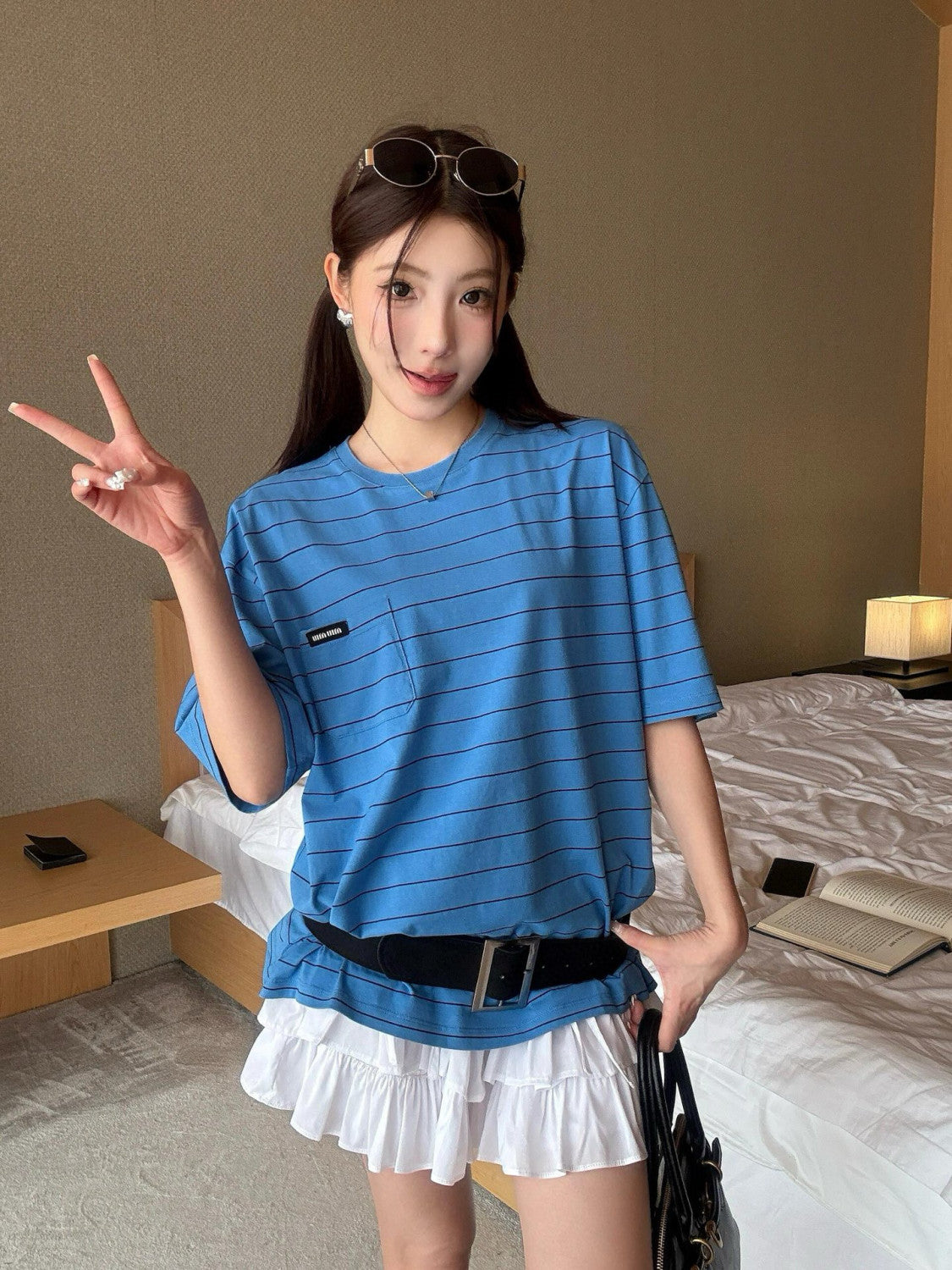 Women's Summer Blue Striped Letter Printed Round Neck Short Sleeve T-Shirt #75978