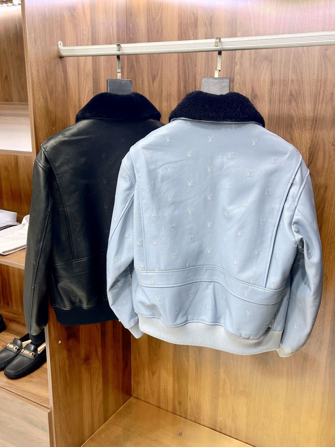 Men's Fall/winter Pilot Drawstring Jacket Solid Color Logo Jacquard Hair Collar Colorblocking Leather Jacket #71553