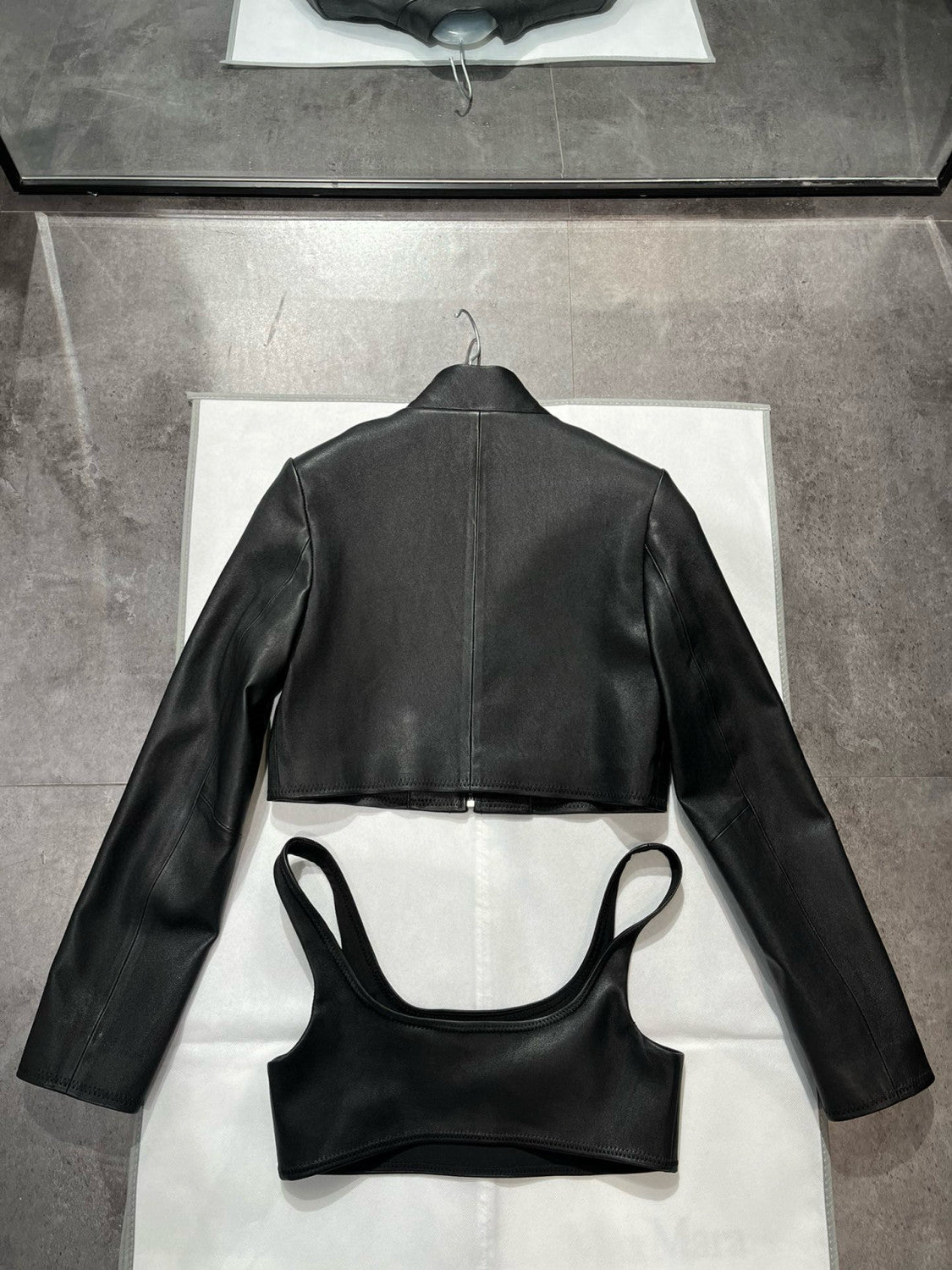 Women's Spring and Summer Black Triangle Label Logo Zipper Leather Jacket Vest Half-body Skirt Three Piece Set Suit #98553