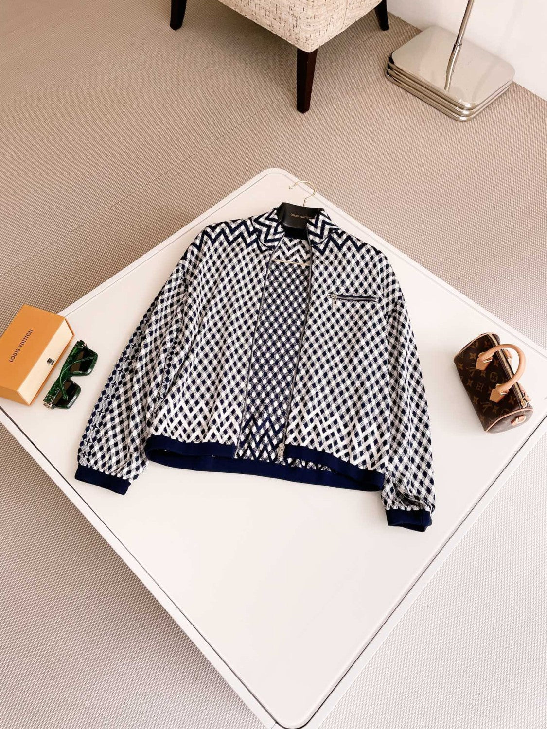 Women's Spring And Autumn Graphic Damier Full Print Stand Collar Zipper Long Sleeve Jacket Casual DAMIER Jogging Pants Ngvp #9426