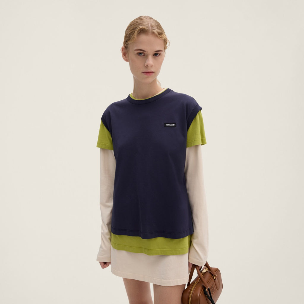 Women's Summer Clashing Color Embroidery Letter Logo Round Neck 3 Piece Layered T-Shirt Set  #73931