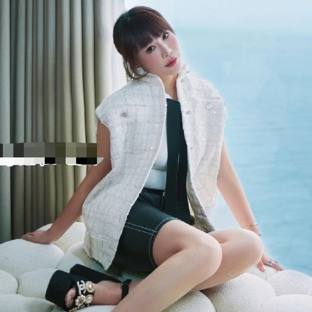 Women's Spring And Summer Sequins Tweed Single-breasted Vest Jacket Fashion Elegant Chic White Button Vest Ngvp #1971