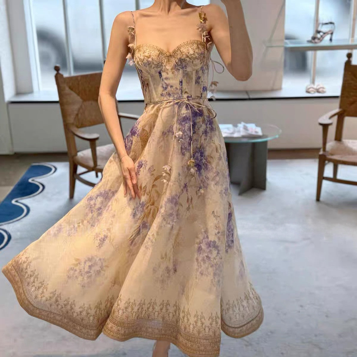 Dawning Picnic Dress Women's Spring And Summer Silk Linen Mid-length Dress Heart-shaped Neckline Spaghetti Straps Large Hem Dress Fashionable Temperament Elegant Luxury Dresses #81131