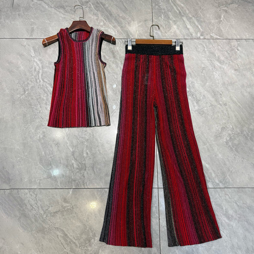 Missoni Women's Spring And Summer Fashion Elegant Colorful Striped Golden Silk Knit Clashing Sleeveless Vest T-shirt Casual Pants Set Suit Ngvp #1758
