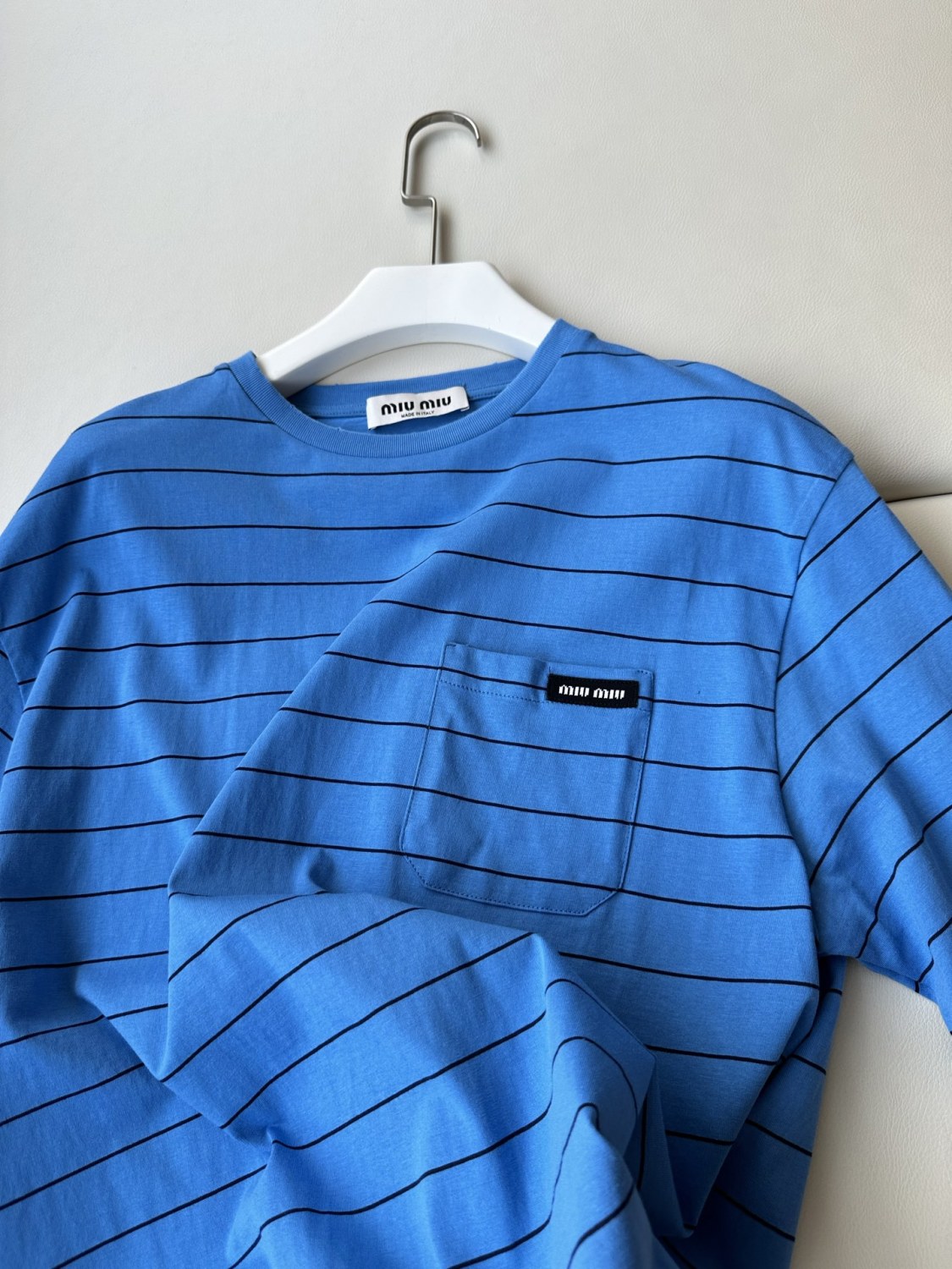 Women's Summer Blue Striped Letter Printed Round Neck Short Sleeve T-Shirt #75978