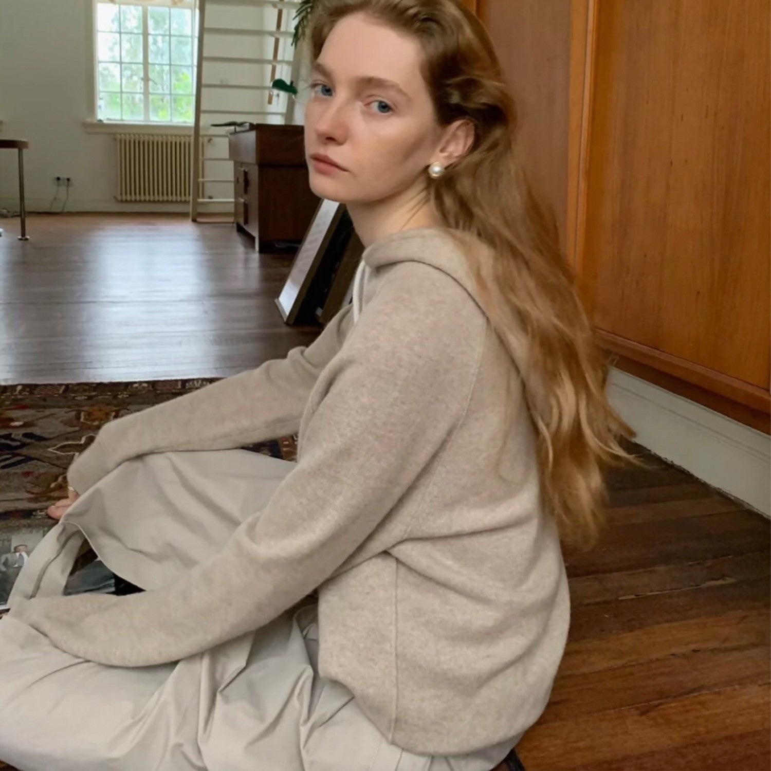 Women's Winter Solid Colours Embroidered Cashmere Loose Hooded Sweatshirt Knitted Drawstring Lounge Pants Two Piece Cashmere Set #71686