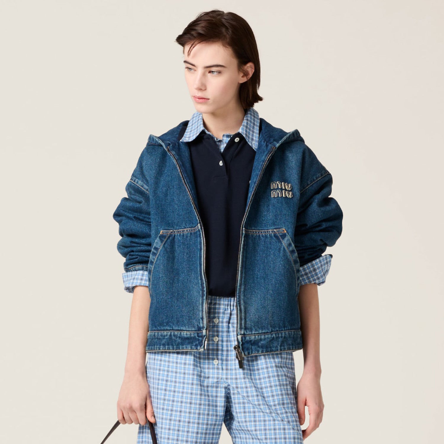 Women's Fall/Winter Denim Hooded Jacket with Zipper Pockets Retro Fashion Trend Dark Blue Jacket #193836