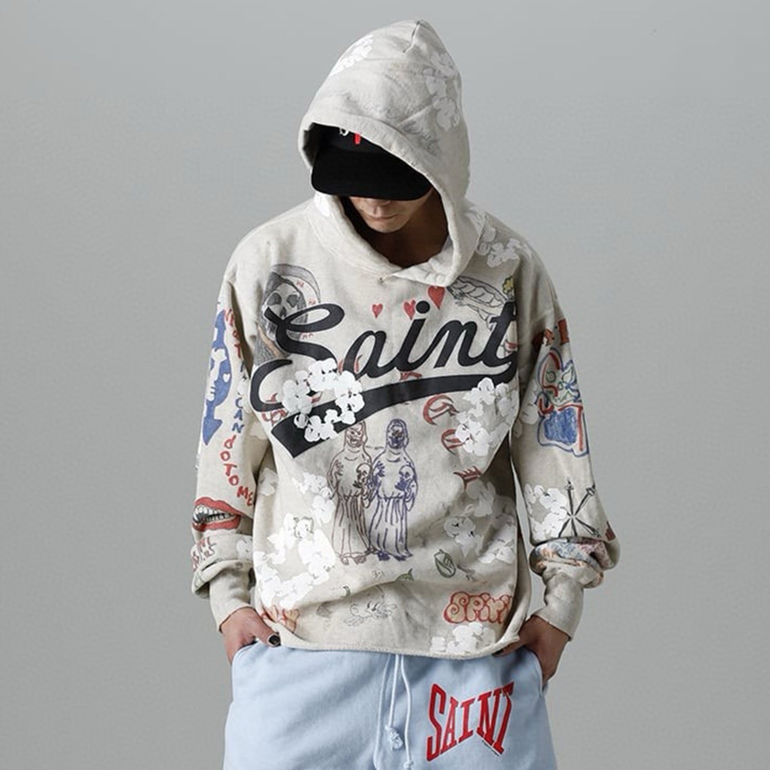 Men's And Women's Spring And Summer Graffiti Retro Old Letter Print Loose Casual Long-sleeved Hooded Sweater Tops Ngvp #8191