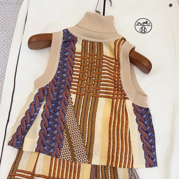 Women's Spring/Summer 2026 Silk printed check pattern Knitted and silk patchwork Shirt dress Suit Set #82539A