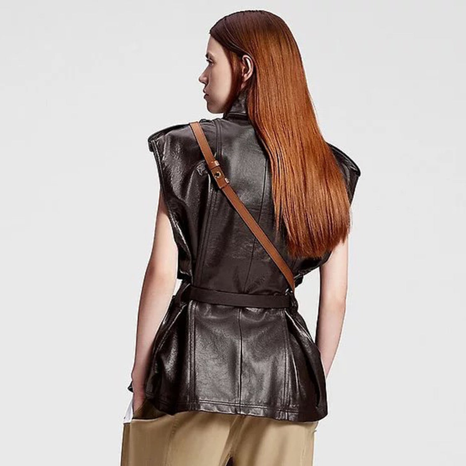 Women's Spring And Autumn Dark Curry Casual Loose Sleeveless Sheepskin Jacket Belt Lapel Vest Jacket Ngvp #8188