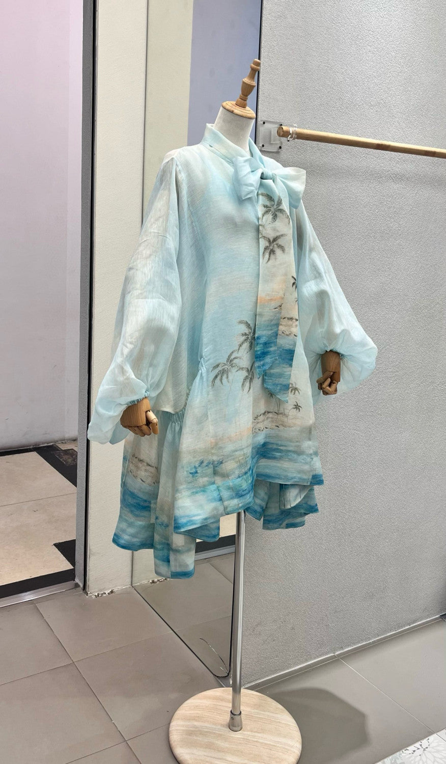 Women's Summer Blue Beach Pattern Printed Flutter Design Long Sleeve Dress #75612