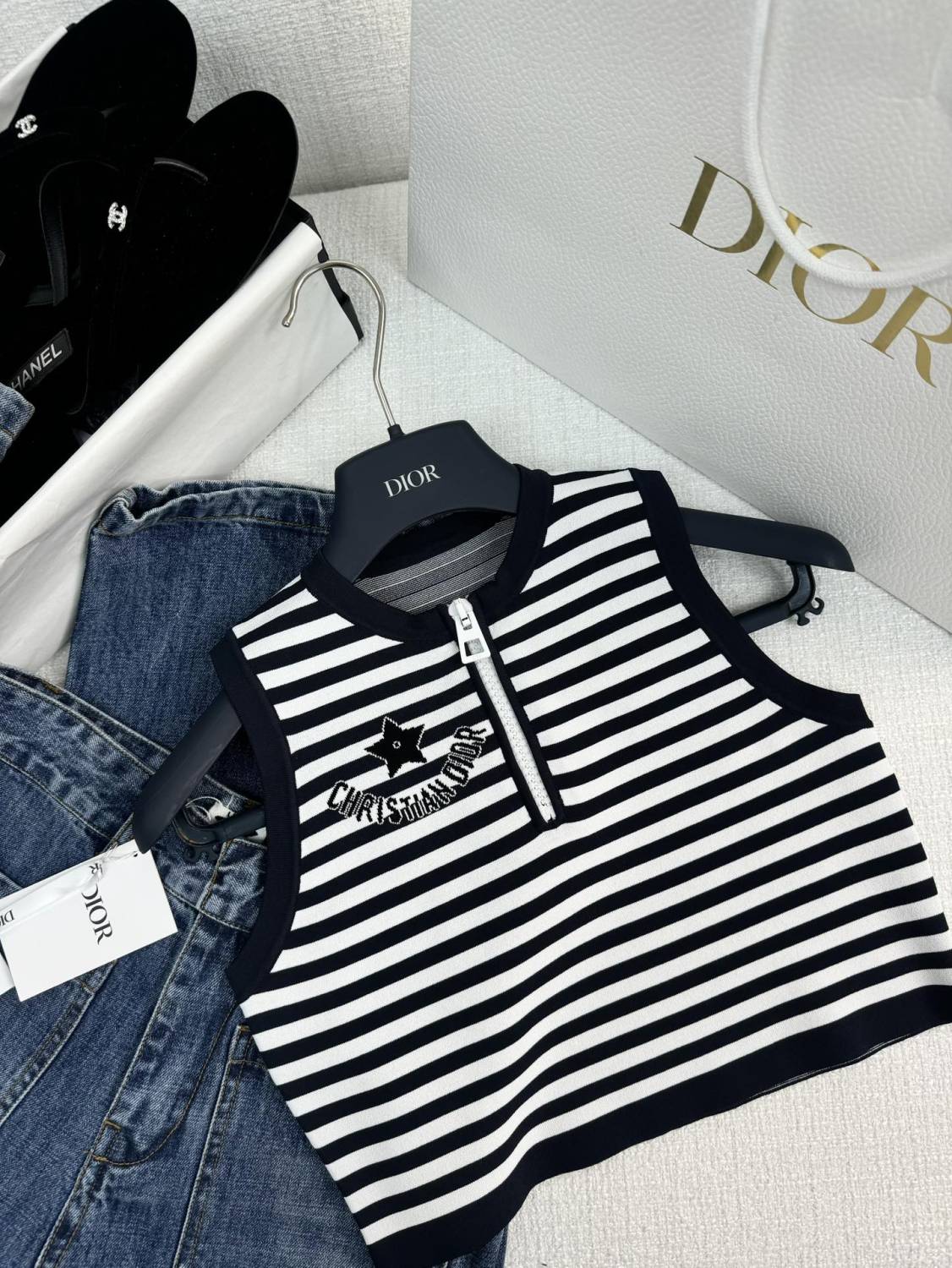 Women's Summer Striped Logo Round Neck Half Zipper Shorts Knit Tank Top T-shirt #72318