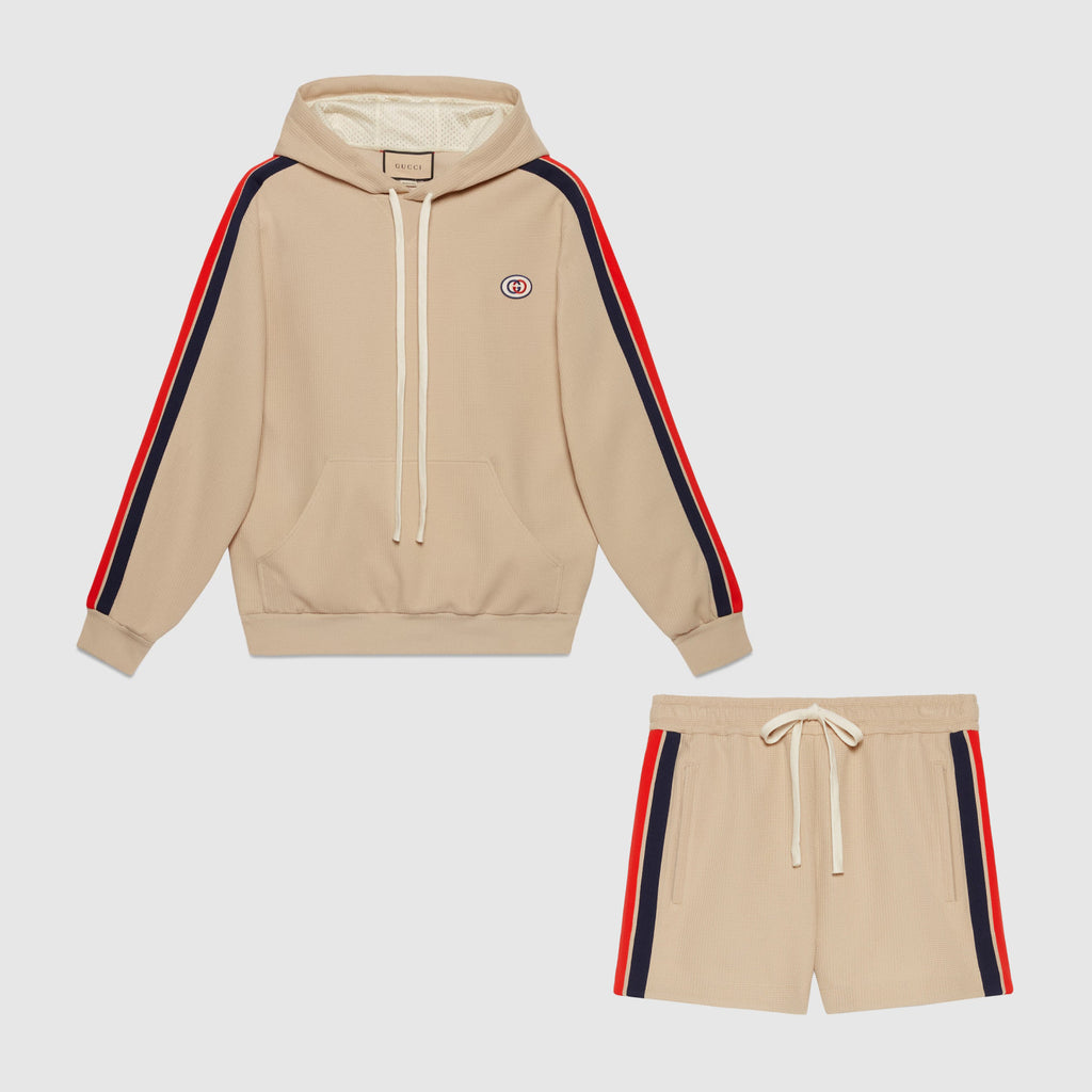 Men's Summer Striped Logo Print Hooded Sweatshirt Pullover Tie High Waisted Shorts Set Suit #98813