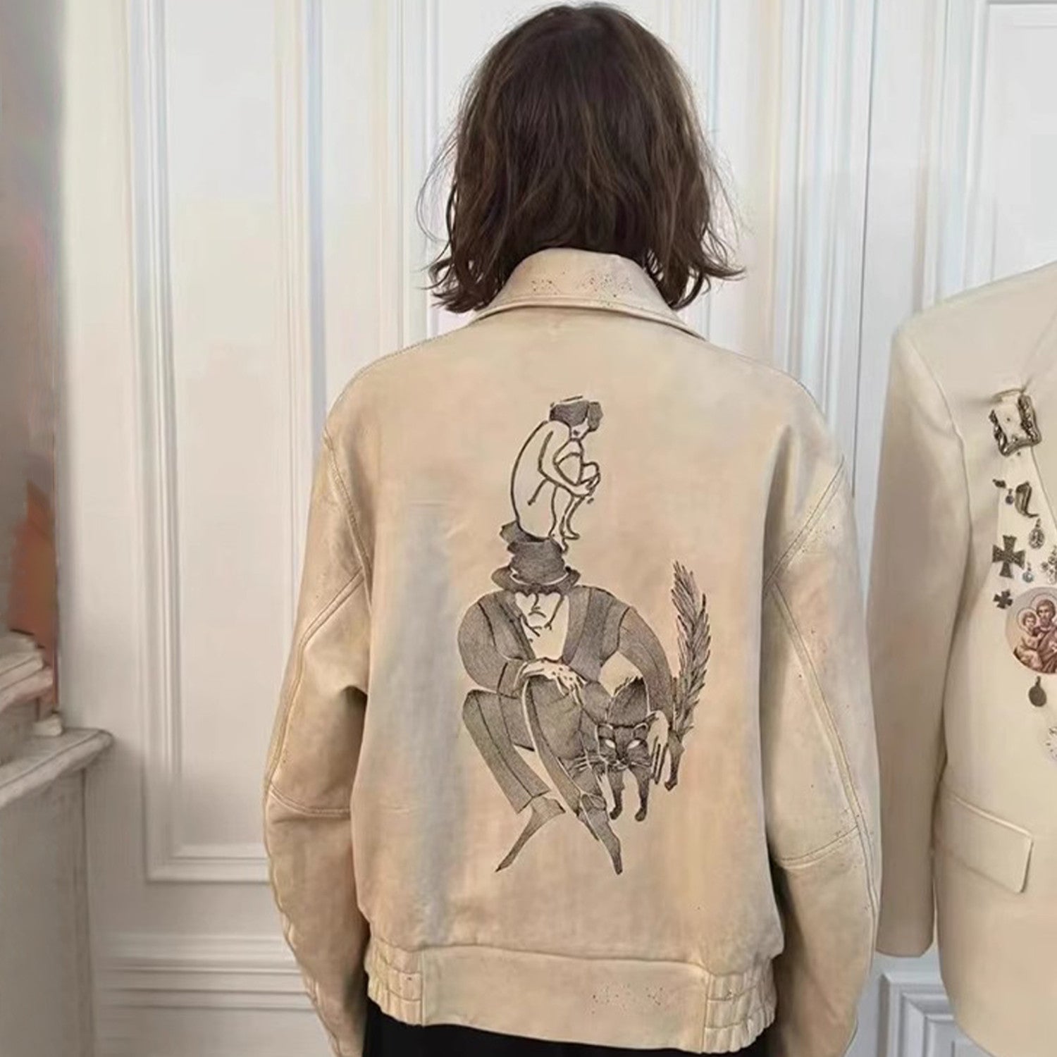 Enfants Riches Deprimes Men's Spring And Autumn Solid Color Sheepskin Loose Short Doing Old Embroidery Arcane 17 Zipper Leather Jacket Ngvp #9167