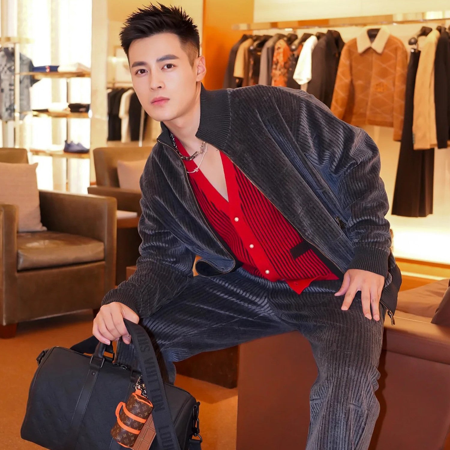 Lv X Park Seo Bo Wool Cardigan Men's Striped Jacquard Single-breasted V-neck Spring And Autumn Fashion Red Knitted Cardigan Jacket #71796