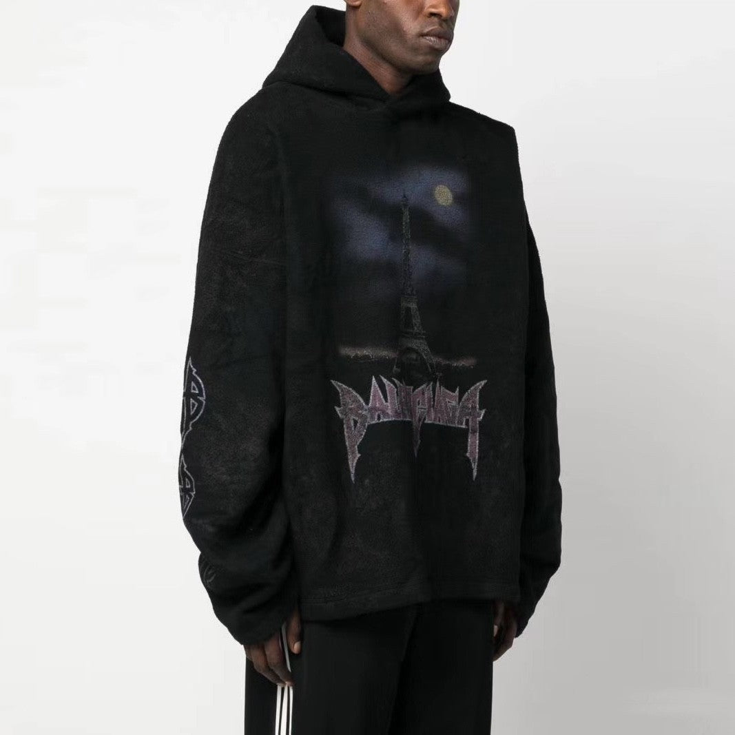 Men And Women With The Same Models Spring And Fall Do Old Do Fake Holes Washed Hooded Sweatshirt Pullover Paris Moon No Pocket Hoodie Oversized Black Faded #72926