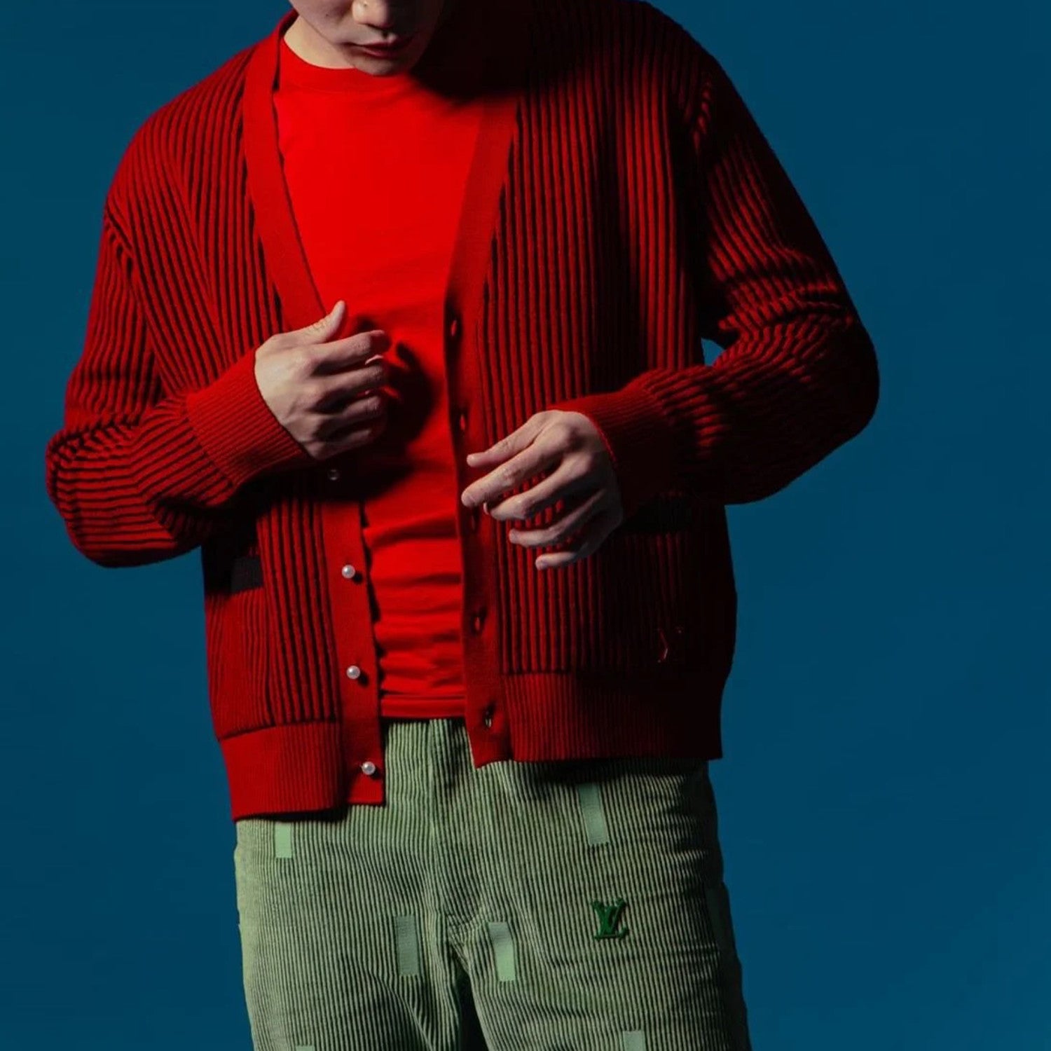 Lv X Park Seo Bo Wool Cardigan Men's Striped Jacquard Single-breasted V-neck Spring And Autumn Fashion Red Knitted Cardigan Jacket #71796