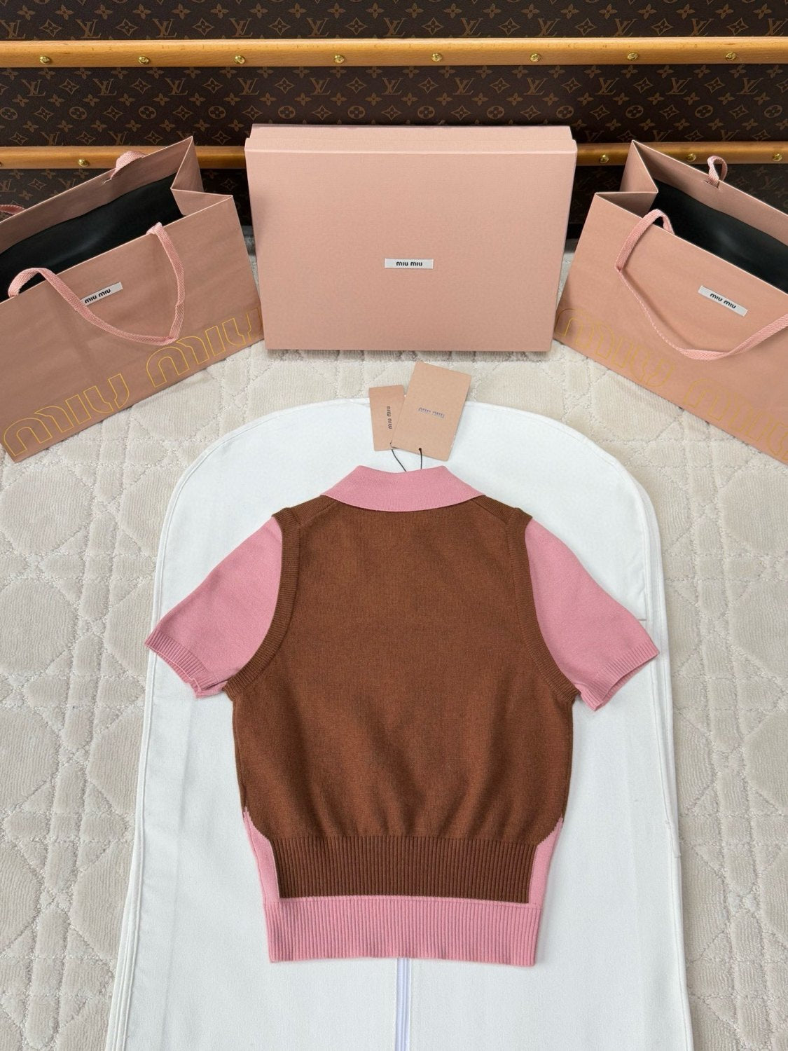 Women's Colorblocked Knit Loose Short Sleeve Polo Neck Knit Sweater #76256