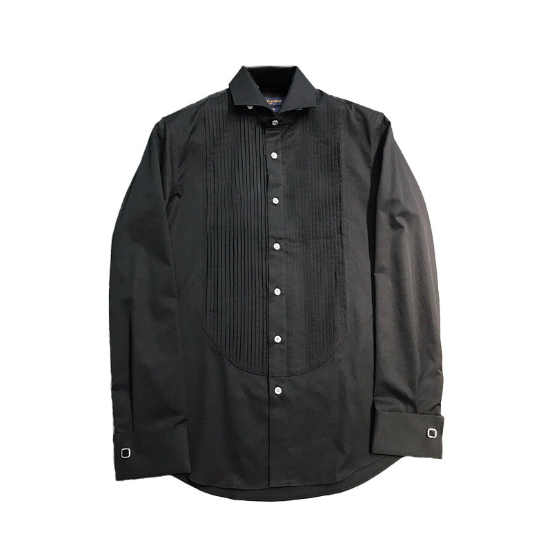 Men's All Seasons Solid Color Flip Leader Button Pleated Shirt Formal Long Sleeve Shirt Black White Ngvp #7614
