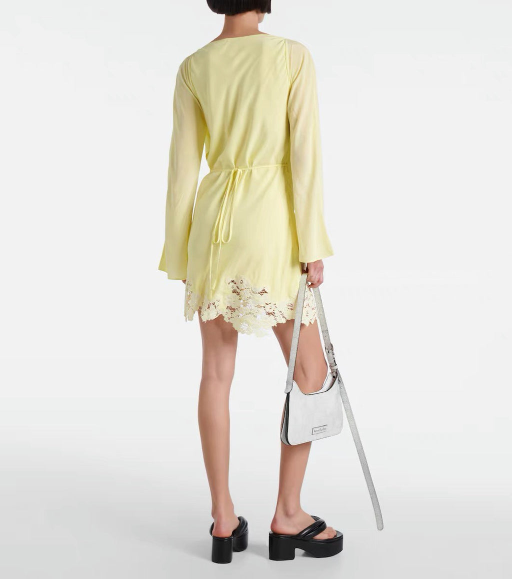 Women's Summer Yellow Lace Side Shoulder Hollow Tie Long Sleeve Fitted Dresses Ngvp #8747